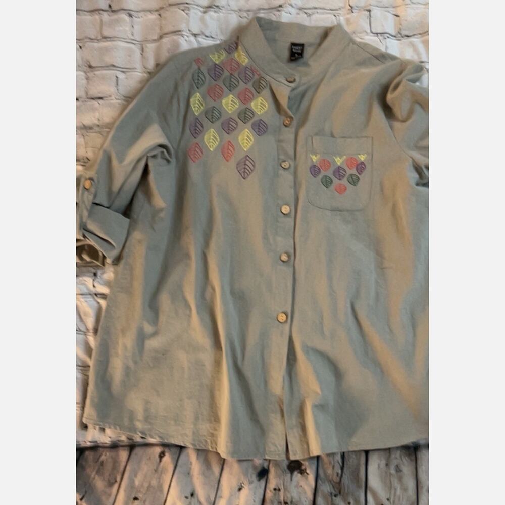 Emery Rose Khaki Olive Green Embroidered Button Top Bohemian Blouse Small